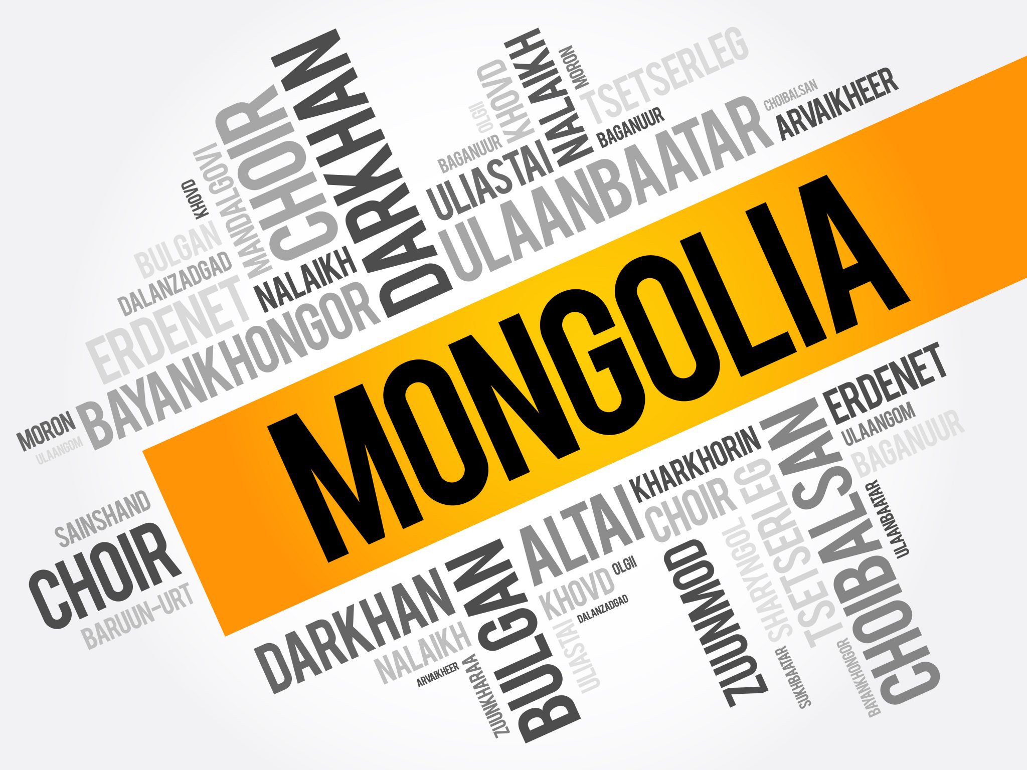 List of cities and towns in Mongolia word cloud collage business and travel concept background